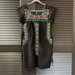 LBD Mexican Style! Black Mini Dress With Colorful Embroidery, Size Medium